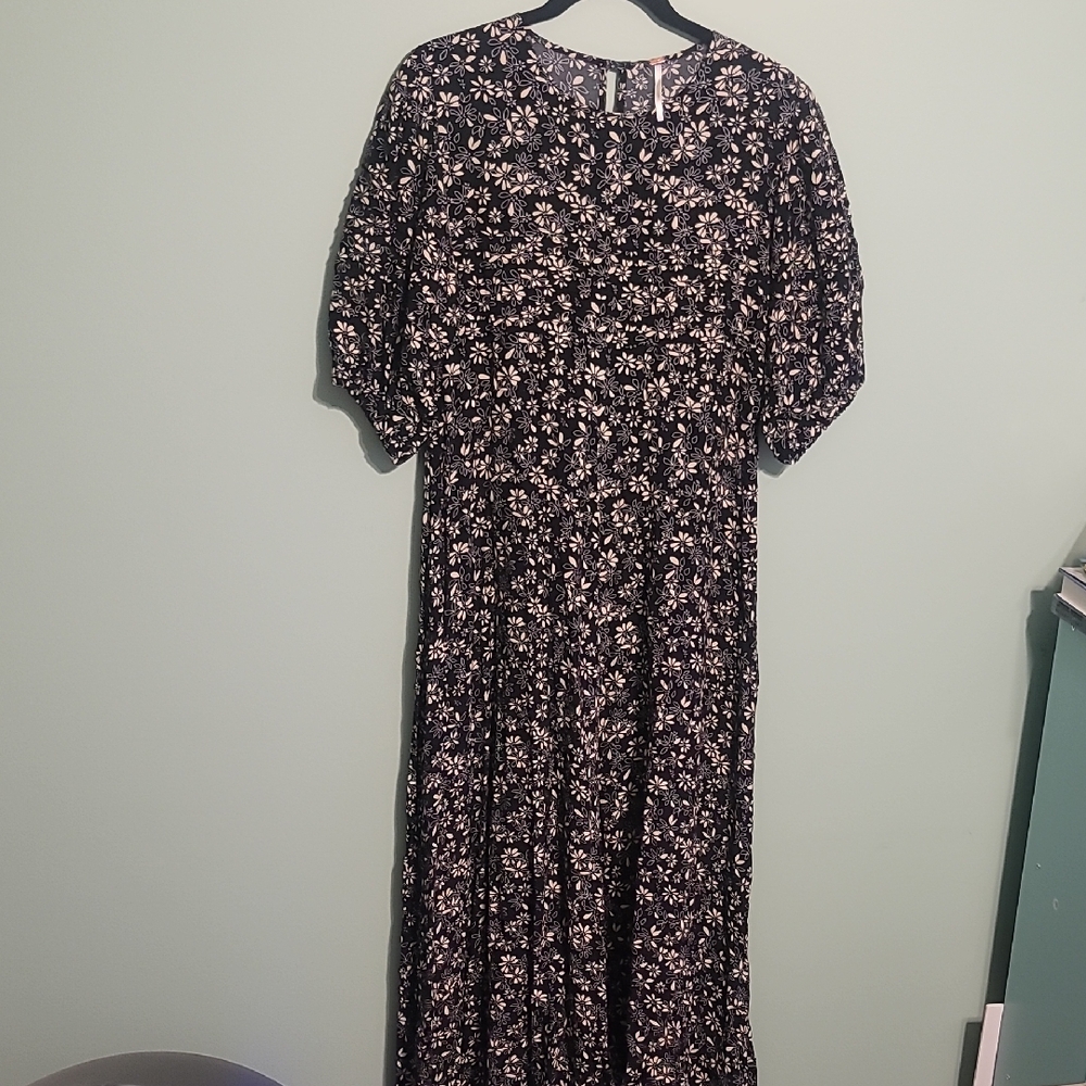 Free People Jessie Ditsy Floral Print Midi Dress in Black and Cream